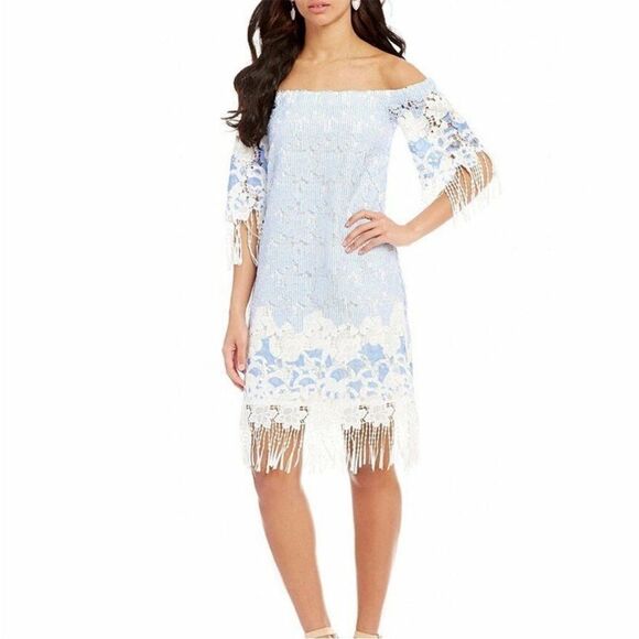 Anthropologie Eva Franco Blue Off Shoulder Fringe Boho Dress Contemporary - Picture 1 of 14